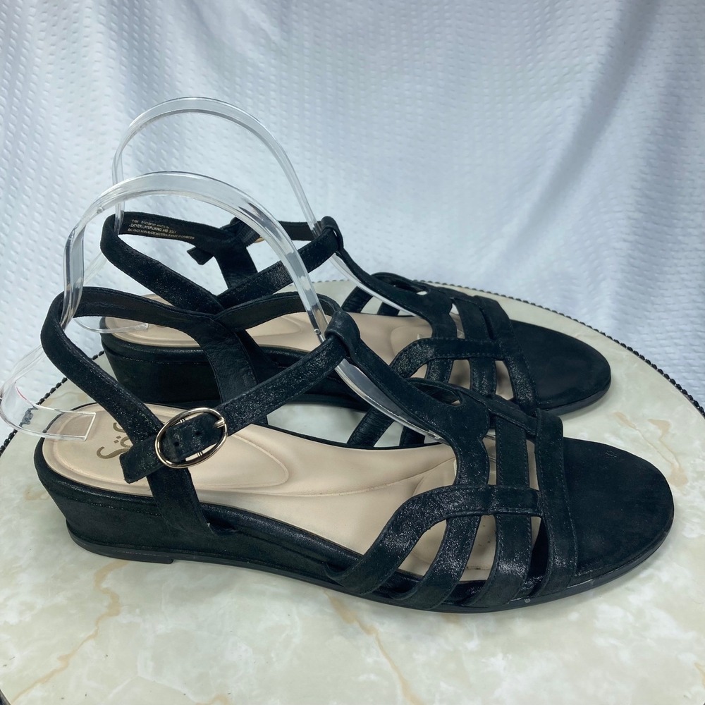 Sofft Shimmer Leather Strappy Wedge Sandals Women 11 Black Summer Comfort Boho - Picture 3 of 12